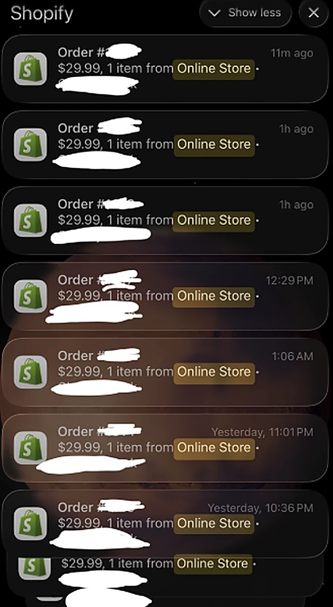 Shopify order feed showing consecutive orders through the night and morning